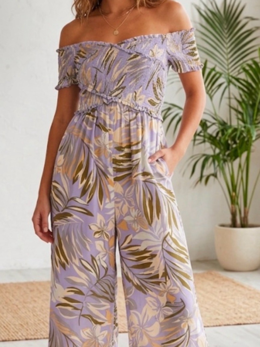 Patrons of Peace Lavender Tropical Off-Shoulder Wide-Leg Jumpsuit